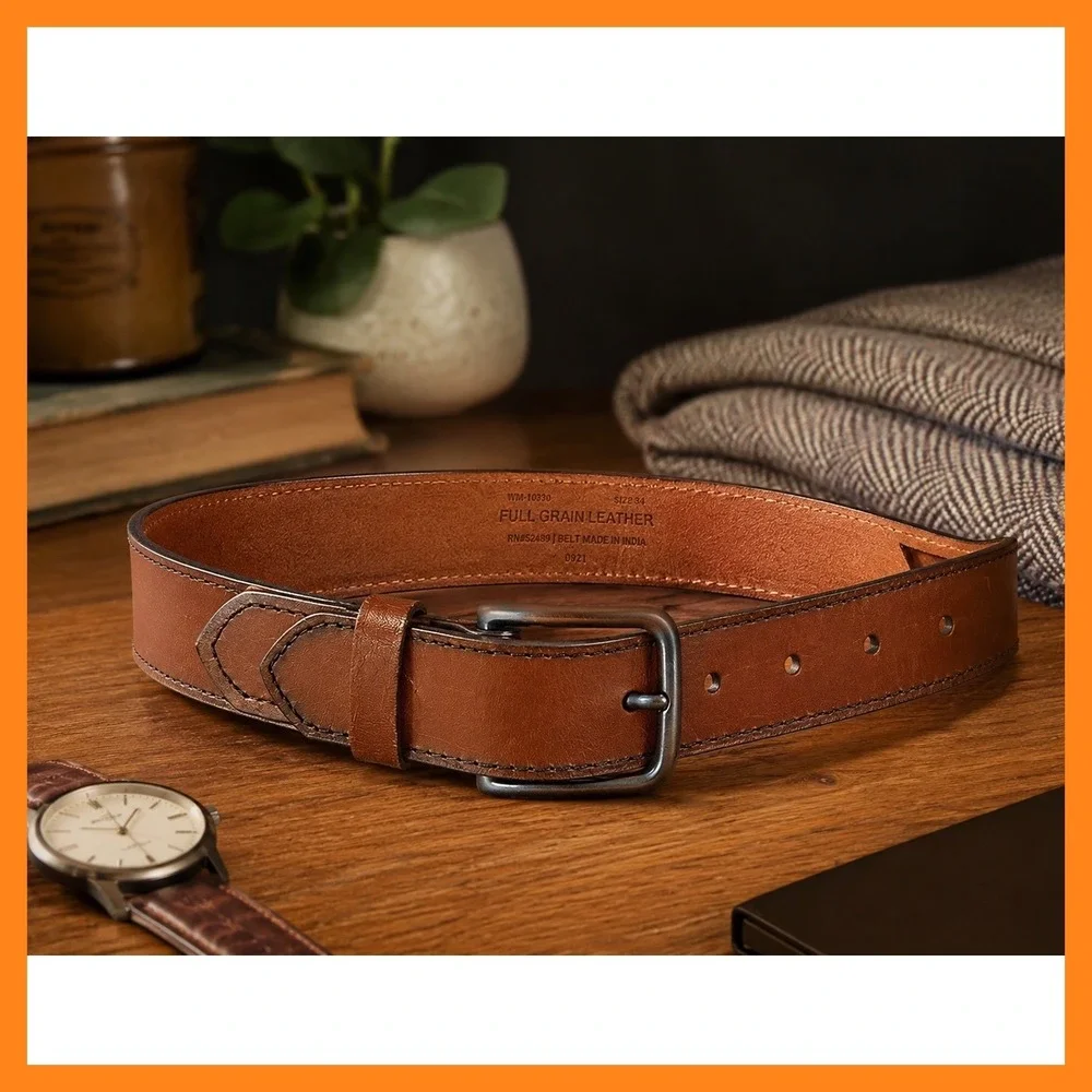 Men's Full Grain Leather Belt Brown Size 34 Casual Dress Subtle Western Utility